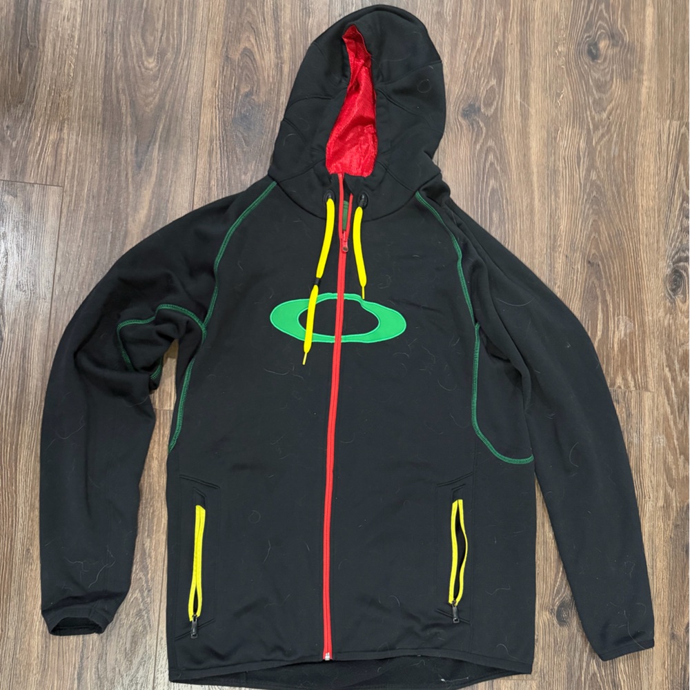 Oakley Black Zip Up Sweater with Red and Yellow Accents